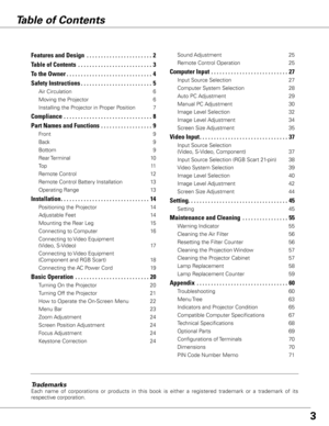 Page 33
Table of Contents
Trademarks
Each  name  of  corporations  or  products  in  this  book  is  either  a  registered  trademark  or  a  trademark  of  its 
respective corporation.
Features and Design  . . . . . . . . . . . . . . . . . . . . . . . 2
Table of Contents   . . . . . . . . . . . . . . . . . . . . . . . . . . 3
To the Owner  . . . . . . . . . . . . . . . . . . . . . . . . . . . . . . 4
Safety Instructions  . . . . . . . . . . . . . . . . . . . . . . . . . 5
Air Circulation  6
Moving the...