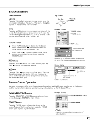Page 25Basic Operation
/
Remote Control
Remote Control Operation
Using the remote control for some frequently used operations is advisable. Just pressing one of the buttons 
enables you to make the desired operation quickly without calling up the On-Screen Menu.
COMPUTER/VIDEO button 
✔Note:
• See the next page for the description of 
other buttons.
Press the FREEZE button to freeze the picture on the 
screen. To cancel the Freeze function, press the FREEZE 
button again or press any other button.
FREEZE...