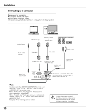 Page 1616
InstallationConnecting to a Computer
Cables used for connection 
• VGA Cables (Mini D-sub 15 pin)*  
• Audio Cables (Mini Plug: stereo) 
(*One cable is supplied; other cables are not supplied with the project\
or.)
External Audio Equipment
VGA cable  
Audio cable 
(stereo) 
Audio cable 
(stereo)
Monitor Output  
or 
Monitor Input
Audio Output
AUDIO IN
COMPUTER AUDIO OUT 
(stereo)Audio Input
COMPUTER IN 2/
 MONITOR OUT
Unplug the power cords of 
both the projector and external 
equipment from the AC...