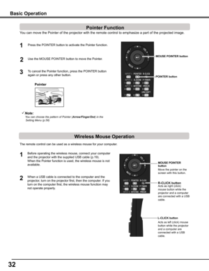 Page 32


Pointer
Note:   You	can	choose	the	pattern	of	Pointer	(Arrow/Finger/Dot )	in	the	
Setting	Menu	(p.58)
You can move the Pointer of the projector with the remote control to emph\
asize a part of the projected image.  
Press the POINTER button to activate the Pointer function.1


MOUSE POINTER button
POINTER button
To cancel the Pointer function, press the POINTER button 
again or press any other button. 
Use the MOUSE POINTER button to move the Pointer. 
The remote control can be...