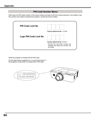 Page 84
4

Write down the PIN code number in the column below and keep it with this \
manual securely. If you forgot or lost 
the number and unable to operate the projector, contact the service station. 
Factory default set No:  1   4*
Factory default set No:  4   1*
*  S h o u l d   t h e   f o u r - d i g i t   n u m b e r   b e 
changed,  the  factory  set  number  will 
be invalid.
Put the label below (supplied) on in a prominent place of 
the projector’s body while it is locked...