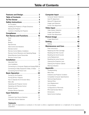 Page 3


Trademarks
Each  name  of  corporations  or  products  in  this  book  is  either  a  registered  trademark  or  a  trademark  of  its  respective 
corporation.
Table of Contents
Features and Design .  .  .  .  .  .  .  .  .  .  .  .  .  .  .  .
Table of Contents   .  .  .  .  .  .  .  .  .  .  .  .  .  .  .  .  .  .
To The Owner   .  .  .  .  .  .  .  .  .  .  .  .  .  .  .  .  .  .  .  .  .4
Safety Instructions .  .  .  .  .  .  .  .  .  .  .  .  .  .  .  .  .5
Air Circulation 6...