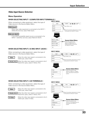 Page 33


When the video input signal is connected to the Y-
Pb/Cb-Pr/Cr jacks, select Y, Pb/Cb, Pr/Cr.
When the video input signal is connected to the 
VIDEO jack, select Video.
When the video input signal is connected to the S-
VIDEO jack, select S-Video.
When connecting to video equipment, select the type of 
Video source in the Source Select Menu. 
WHEN SELECTING INPUT   (AV TERMINALS )
WHEN SELECTING INPUT    (5 BNC INPUT  j ACKS )
When the video input signal is connected to the Y-...