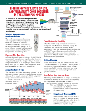 Page 31600 ANSI LUMENS • TRUE XGA • MULTIMEDIA PROJECTOR
In addition to its remarkable brightness and
true XGA resolution, the PLC-XP17N is loaded
with features. One-Button Auto-Imaging, Plug
and Play Operation, a choice of optional
lenses and an array of connectivity options make this one
versatile, easy-to-use multimedia projector for a wide variety of
applications.
Wireless Remote Control 
with Laser Pointer 
The wireless remote control not only
comes equipped with a laser pointer,
but it also functions as...