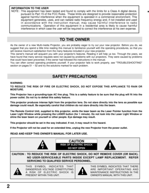 Page 22
WARNING:
TO REDUCE THE RISK OF FIRE OR ELECTRIC SHOCK, DO NOT EXPOSE THIS APPLIANCE TO RAIN OR
MOISTURE.
This Projector has a grounding-type AC line plug. This is a safety feature to be sure that the plug will fit into the
power outlet. Do not try to defeat this safety feature.
This projector produces intense light from the projection lens. Do not stare directly into the lens as possible eye
damage could result. Be especially careful that children do not stare directly into the beam.
The Remote Control...