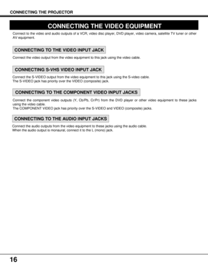 Page 1616
CONNECTING THE VIDEO EQUIPMENT 
CONNECTING THE PROJECTOR
Connect the S-VIDEO output from the video equipment to this jack using the S-video cable.
The S-VIDEO jack has priority over the VIDEO (composite) jack.
CONNECTING TO THE VIDEO INPUT JACK
CONNECTING S-VHS VIDEO INPUT JACK
Connect to the video and audio outputs of a VCR, video disc player, DVD player, video camera, satellite TV tuner or other
AV equipment.
CONNECTING TO THE COMPONENT VIDEO INPUT JACKS
Connect the component video outputs (Y,...
