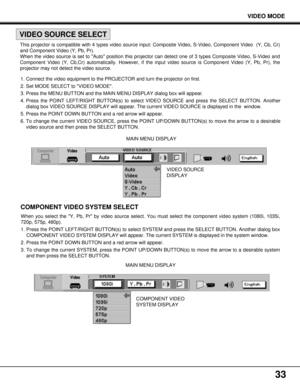 Page 3333
VIDEO MODE
VIDEO SOURCE
DISPLAY MAIN MENU DISPLAY 1. Connect the video equipment to the PROJECTOR and turn the projector on first.
2. Set MODE SELECT to VIDEO MODE.
3. Press the MENU BUTTON and the MAIN MENU DISPLAY dialog box will appear.
4. Press the POINT LEFT/RIGHT BUTTON(s) to select VIDEO SOURCE and press the SELECT BUTTON. Another
dialog box VIDEO SOURCE DISPLAY will appear. The current VIDEO SOURCE is displayed in the  window.
5. Press the POINT DOWN BUTTON and a red arrow will appear.
6. To...