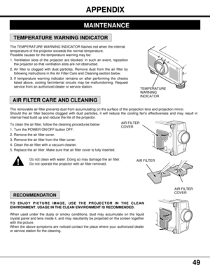 Page 4949
The removable air filter prevents dust from accumulating on the surface of the projection lens and projection mirror.
Should the air filter become clogged with dust particles, it will reduce the cooling fans effectiveness and may result in
internal heat build up and reduce the life of the projector.
To clean the air filter, follow the cleaning procedures below:
1. Turn the POWER ON/OFF button OFF.
2. Remove the air filter cover.
3. Remove the air filter from the filter cover.
4. Clean the air filter...