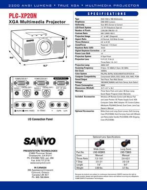 Page 42200 ANSI LUMENS • TRUE XGA • MULTIMEDIA PROJECTOR 
Type
Brightness
Uniformity 
LCD Panel System 
Number of Pixels
Contrast Ratio
Projection Image
Aspect Ratio
Throw Distance
Zoom/Focus
Keystone Ratio (U/D)
Digital Keystone Correction
Power Lens Shift
Projection System
Projection Lens
Projection Lamp
Scanning Frequency
Dot Clock
Color System
Computer Compatibility
Sound Output
Voltage
Power Consumption
Dimensions (WxHxD)
Warranty
Included  Accessories
Optional AccessoriesPLC-XP20N
XGA Multimedia...