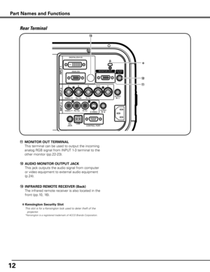 Page 1212
Rear Terminal
Part Names and Functions
!2	AUDIO MONITOR OUTPUT jACK
  This jack outputs the audio signal from computer 
or video equipment to external audio equipment 
(p.24).
✽ Kensington Security Slot
  This slot is for a Kensington lock used to deter theft of the 
projector.
  *Kensington is a registered trademark of ACCO Brands Corporation.
!3	 INFRARED REMOTE RECEIVER (Back)
  The infrared remote receiver is also located in the 
front (pp.10, 16).
✽
!3
!2
!1
!1	MONITOR OUT TERMINAL
  This...