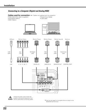 Page 2222
Monitor Output
BNC
cable
Connecting to a Computer (Digital and Analog RGB)
Monitor Output
G   B   R   H/V   V DVI-Digital 
cable VGA 
cable VGA 
cable
USB 
cable USB port
Unplug the power cords of both the 
projector and external equipment from 
the AC outlet before connecting cables.
Cables used for connection  (✽ = Cables not supplied with this projector.)
• VGA Cable (One cable is supplied.) 
• DVI-Digital Cable 
✽ 
• BNC Cable 
✽  • Serial Cross Cable
✽
• USB Cable
Monitor Output
DIGITAL INANALOG...