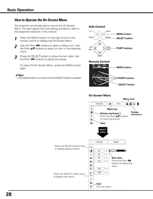 Page 2828
Side Control
SELECT button
How to Operate the On-Screen Menu
MENU button
POINT buttons
On-Screen Menu
The projector can be adjusted or set via the On-Screen 
Menu. For each adjustment and setting procedure, refer to 
the respective sections in this manual.
Use the Point 
7 8 buttons to select a Menu icon. Use 
the Point 
ed buttons to select an item in the selected 
menu.
Press the SELECT button to show the item data. Use 
the Point 
7 8 buttons to adjust the values.
To close the On-Screen Menu, press...