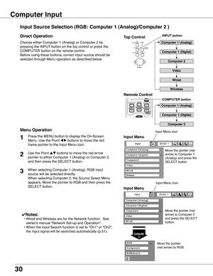 Page 30
30

Choose either Computer 1 (Analog) or Computer 2 by 
pressing the INPUT button on the top control or press the 
COMPUTER button on the remote control.
Before using these buttons, correct input source should be 
selected through Menu operation as described below.
Press the MENU button to display the On-Screen 
Menu. Use the Point 7 8 buttons to move the red 
frame pointer to the Input Menu icon.
1Input Menu
Use the Point ed buttons to move the red arrow 
pointer to either Computer 1 (Analog) or...