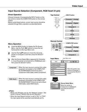 Page 41
1

Video Input
Choose Computer 2 by pressing the INPUT button on the 
top control or press the COMPUTER button on the remote 
control.
Before using these buttons, correct input source should be 
selected through Menu operation as described below.
1
Computer 
Input Menu
Use the Point ed buttons to move the red arrow 
pointer to Computer 2 and then press the SELECT 
button.  

After the Source Select Menu appeared for Computer 
2, move the pointer to Component or RGB(Scart) and 
then press...