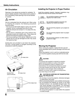 Page 6
6

Safety Instructions
Openings	in	the	cabinet	are	provided	for	ventilation.	To	
ensure	reliable	operation	of	the	product	and	to	protect	it	
from	overheating,	these	openings	must	not	be	blocked	
or	covered.	
	CAUTION
Hot	 air	is	exhausted	 from	the	exhaust	 vent.	When	 using	
or 	installing 	the 	projector, 	the 	following 	precautions	
should	be	taken.	
–	Do	 not	put	any	 flammable	 object	or	spray	 can	near	 the	
projector,	hot	air	is	exhausted	from	the	air	vents.
–	Keep	the	exhaust	vent	at	least	3’...