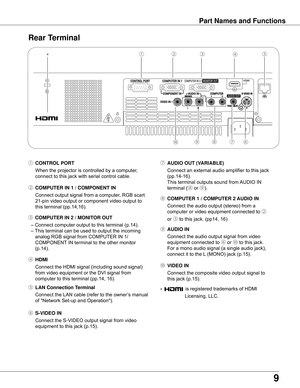 Page 9


Part Names and Functions
Rear Terminal 
⑥	S-VIDEO IN
	 Connect	the	S-VIDEO	output	signal	from	video	 equipment	to	this	jack	(p.15).
⑨	AUDIO IN
	 Connect	the	audio	output	signal	from	video	 equipment	connected	to	
⑥	or	⑩	to	this	jack.	
For	a	mono	audio	signal	(a	single	audio	jack),	
connect	it	to	the	L 	(MONO)	jack	(p.15).
⑧	COMPUTER 1 / COMPUTER  AUDIO IN
	 Connect	the	audio	output	(stereo)	from	a	 computer	or	video	equipment	connected	to	
②	
or	
③ 	to	this	jack.	(pp14,	16)
⑩	VIDEO IN...