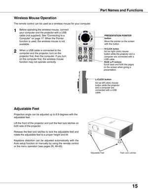 Page 15
15

Part Names and Functions
Adjustable Feet
Projection	angle	can	be	adjusted	up	to	8.9	degrees	with	the	
adjustable	feet.	
Lift	the	 front	 of	the	 projector	 and	pull	the	feet	 lock	 latches	 on	
both	side	of	the	projector.
Release	 the	feet	 lock	 latches	 to	lock	 the	adjustable	 feet	and	
rotate	the	adjustable	feet	to	a	proper	height	and	tilt.
Keystone 	distortion 	can 	be 	adjusted 	automatically 	with 	the	
Auto	 setup	 function	 or	manually	 by	using	 the	remote	 control	
or	the	menu	operation...