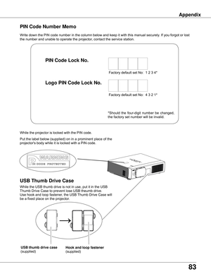 Page 83
83

Appendix
Write	down	the	PIN	code	number	in	the	column	below	and	keep	it	with	this	manual	securely.	If	you	forgot	or	lost	
the	number	and	unable	to	operate	the	projector,	contact	the	service	station.	
PIN Code Number Memo
Factory	default	set	No:		1	2	3	4*
Factory	default	set	No:		4	3	2	1*
Put	 the	label	 below	 (supplied)	 on	in	a	prominent	 place	of	the	
projector's	body	while	it	is	locked	with	a	PIN	code.
While	the	projector	is	locked	with	the	PIN	code.
PIN Code Lock No .
Logo PIN Code Lock No...