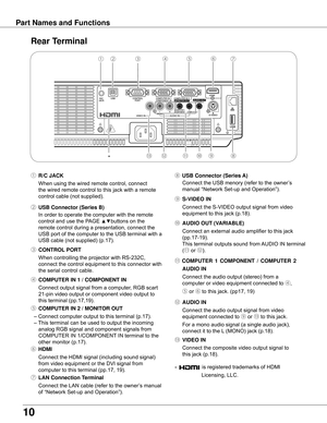 Page 10
10

Part Names and Functions
Rear Terminal 
⑨	S-VIDEO IN
	 Connect	the	S-VIDEO	output	signal	from	video	 equipment	to	this	jack	(p.18).
⑫	AUDIO IN
	 Connect	the	audio	output	signal	from	video	 equipment	connected	to	
⑨	or	⑬	to	this	jack.	
For	a	mono	audio	signal	(a	single	audio	jack),	
connect	it	to	the	L 	(MONO)	jack	(p.18).
⑪ COMPUTER  1  COMPONENT  /  COMPUTER   
AUDIO IN
	 Connect	the	audio	output	(stereo)	from	a	 computer	or	video	equipment	connected	to	
④,	
⑤	or	⑥  to	this	jack.	(pp17,	19)
⑬...