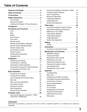 Page 3
3

Table of Contents
Trademarks
Each  name  of  corporations  or  products  in  this  book  is  either  a  registered  trademark  or  a  trademark  of  its  respective 
corporation.
Features and Design  .  .  .  .  .  .  .  .  .  .  .  .  .  .  .  .  .  .  .
Table of Contents .  .  .  .  .  .  .  .  .  .  .  .  .  .  .  .  .  .  .  .  .  .3
To the Owner .  .  .  .  .  .  .  .  .  .  .  .  .  .  .  .  .  .  .  .  .  .  .  .  .  .4
Safety Instructions .  .  .  .  .  .  .  .  .  .  .  .  .  .  .  .  ....