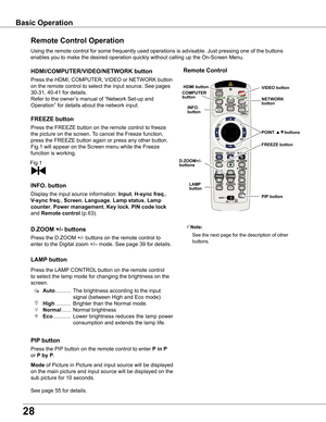 Page 28
8

Basic Operation
Remote Control Operation
Using the remote control for some frequently used operations is advisable. Just pressing one of the buttons 
enables you to make the desired operation quickly without calling up the On-Screen Menu.
Press the HDMI, COMPUTER, VIDEO or NETWORK button 
on the remote control to select the input source. See pages 
30-31, 40-41 for details.
Refer to the owner’s manual of “Network Set-up and 
Operation” for details about the network input....