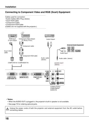 Page 16
16

   Installation
Connecting to Component Video and RGB (Scart) Equipment
Cables used for connection • Audio Cables (Mini Plug :stereo)  • Scart-VGA Cable  • Component Cable  • Component-VGA Cable  (Cables are not supplied with the projector.)
Notes:
  • 
When the AUDIO OUT is plugged-in, the projector's built-in speaker is not available.
  • See page 76 for ordering optional parts.
Unplug  the  power  cords  of  both  the  projector  and  external  equipment  from  the  AC  outlet  before...