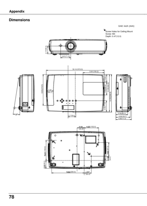 Page 78
78

Appendix
Dimensions
8.60(218.5)(50.7)
2.17(55.0)
(410.0)5.91(150.2)
3.04(77.3)
3.52(89.4)
2.17(55.2)
10.35(262.8)
10.50(266.8)
3.35(85.0)4.04(102.7)4.38(111.2)
2.81(71.5)2.17(55.0)
(56.3)
(143.0)
(230.0)(50.0)
(50.8)(102.0)
(97.0)
(30.0)
1.97
16.14
Unit: inch (mm)
Screw Holes for Ceiling MountScrew: M4Depth: 0.47(12.0)
Appendix 