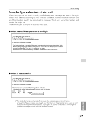 Page 27

ENGLISH

 

● When PJ needs service:
TITLE:	Message	from	projector
Projector	Model	Name:	model name
TCP/IP:	192.168.1.201	Projector	Name:	Proj05
It	sends	you	following	message.
* 	 Maintenance	requirement	from	Projector	is	detected.
	
Check	up	LED	status	of	projector	and	consult	with	the	dealer.
MCI	 3.3V	 OKMAIN	 ALL	 NG
Examples: Type and contents of alert mail
When the projector has an abnormality, the following alert messages are sent to the regis-
tered  E-mail  address  according  to...