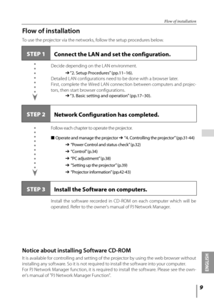 Page 9

ENGLISH
 

Flow of installation
Flow of installation
To use the projector via the networks, follow the setup procedures below.
STEP 1Connect the LAN and set the configuration.
Install  the  software  recorded  in  CD-ROM  on  each  computer  which  will  be 
operated. Refer to the owner's manual of PJ Network Manager.
STEP 2Network Configuration has completed.
Decide depending on the LAN environment.
	 ➔	“2.	Setup	Procedures” 	(pp.11–16).
Detailed LAN configurations need to be done with a...