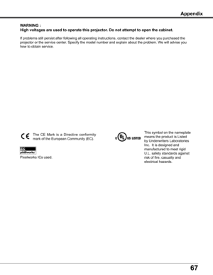 Page 67
67

wARNING :
High voltages are used to operate this projector  . Do not attempt to open the cabinet .
If	problems	still	persist	after	following	all	operating	instructions,	contact	the	dealer	where	you	purchased	the	
projector	or	the	service	center.	Specify	the	model	number	and	explain	about	the	problem.	We	will	advise	you	
how	to	obtain	service.
This	symbol	on	the	nameplate	
means	the	product	is	Listed	
by	Underwriters	Laboratories	
Inc.		It	is	designed	and	
manufactured	to	meet	rigid	
U.L.	safety...