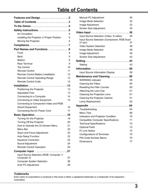 Page 3


Table of Contents
Trademarks
Each	name	of	corporations	or	products	in	this	book	is	either	a	registered	trademark	or	a	trademark	of	its	respective	
corporation.
Features and Design  .  .  .  .  .  .  .  .  .  .  .  .  .  .  .  .  .  .  .2
Table of Contents .  .  .  .  .  .  .  .  .  .  .  .  .  .  .  .  .  .  .  .  .  .
To the Owner .  .  .  .  .  .  .  .  .  .  .  .  .  .  .  .  .  .  .  .  .  .  .  .  .  .4
Safety Instructions .  .  .  .  .  .  .  .  .  .  .  .  .  .  .  .  .  .  .  . .5...