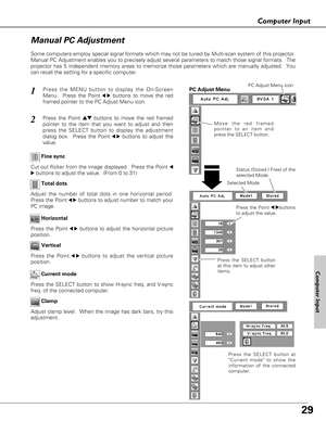 Page 2929
Computer Input
Press the MENU button to display the On-Screen
Menu.  Press the Point
7 8buttons to move the red
framed pointer to the PC Adjust Menu icon.1
2Press the Point edbuttons to move the red framed
pointer to the item that you want to adjust and then
press the SELECT button to display the adjustment
dialog box.  Press the Point
7 8buttons to adjust the
value.
Move the red framed
pointer to an item and
press the SELECT button.
PC Adjust MenuPC Adjust Menu icon
Cut out flicker from the image...