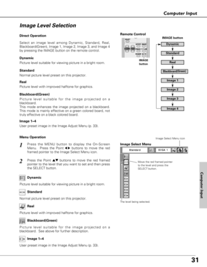 Page 3131
Computer Input
Press the MENU button to display the On-Screen
Menu.  Press the Point
7 8buttons to move the red
framed pointer to the Image Select Menu icon.1
2Press the Point edbuttons to move the red framed
pointer to the level that you want to set and then press
the SELECT button.Move the red framed pointer
to the level and press the
SELECT button.
The level being selected.
Image Select Menu
Normal picture level preset on this projector.Standard
Picture level with improved halftone for...