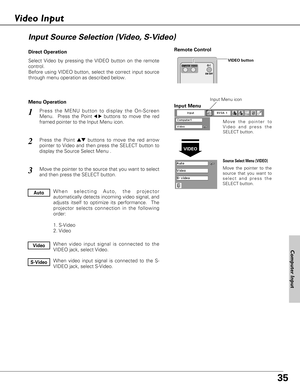 Page 3535
Select Video by pressing the VIDEO button on the remote
control.
Before using VIDEO button, select the correct input source
through menu operation as described below.
Press the MENU button to display the On-Screen
Menu.  Press the Point
7 8buttons to move the red
framed pointer to the Input Menu icon.
Press the Point edbuttons to move the red arrow
pointer to Video and then press the SELECT button to
display the Source Select Menu . 
1
2
Move the pointer to
Video and press the
SELECT button.
VIDEO...