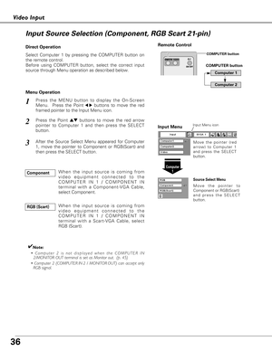 Page 3636
Video Input
Select Computer 1 by pressing the COMPUTER button on
the remote control.
Before using COMPUTER button, select the correct input
source through Menu operation as described below.
Press the MENU button to display the On-Screen
Menu.  Press the Point
7 8buttons to move the red
framed pointer to the Input Menu icon.1
Computer
1
Input Menu
Press the Point edbuttons to move the red arrow
pointer to Computer 1 and then press the SELECT
button.  2
After the Source Select Menu appeared for...