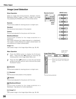 Page 3838
Video Input
Press the MENU button to display the On-Screen
Menu.  Press the Point
7 8buttons to move the red
framed pointer to the Image Select Menu icon.1
2Press the Point edbuttons to move the red framed
pointer to the level that you want to set and then press
the SELECT button.Move the red framed pointer to a
level and press the SELECT
button.
The level being selected.
Image Select Menu
Normal picture level preset on this projector.Standard
Picture level adjusted for the picture with fine...