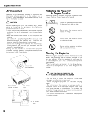 Page 66
Safety Instructions
USE CAUTION IN CARRYING OR 
TRANSPORTING THE PROJECTOR
–Do not drop or bump the projector, otherwise
damages or malfunctions may result.
–When carrying the projector, use a suitable carrying
case.
–Do not transport the projector by using a courier or
transport service in an unsuitable transport case.  This
may cause damage to the projector.  To transport the
projector through a courier or transport service, consult
your dealer for their information.
–
Do not put the projector in a...