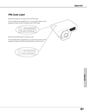 Page 6767
Appendix
PIN Code Label
Put the label below (supplied) on in a prominent place of the
projectors body while it is locked with a PIN code.
While the projector is locked with the PIN code...
Appendix
Put the label below (supplied) on in a prominent place of the
projectors body while the Antitheft alarm function is set. While the Antitheft alarm function is set... 