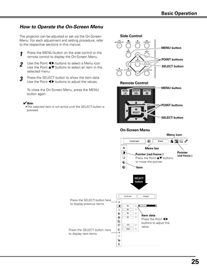 Page 2525
Side Control
SELECT button
How to Operate the On-Screen Menu
MENU button
SELECT button
POINT buttons
On-Screen Menu
The projector can be adjusted or set via the On-Screen 
Menu. For each adjustment and setting procedure, refer 
to the respective sections in this manual.
Use the Point 
7 8 buttons to select a Menu icon. 
Use the Point 
ed buttons to select an item in the 
selected menu.
Press the SELECT button to show the item data. 
Use the Point 
7 8 buttons to adjust the values.
To close the...