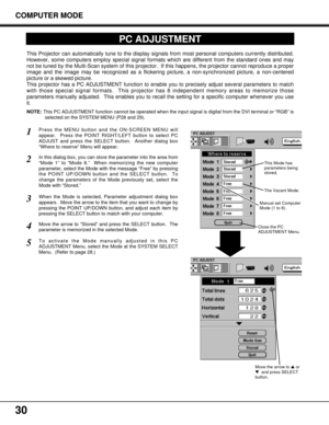 Page 3030
COMPUTER MODE
PC ADJUSTMENT
This Projector can automatically tune to the display signals from most personal computers currently distributed.
However, some computers employ special signal formats which are different from the standard ones and may
not be tuned by the Multi-Scan system of this projector.  If this happens, the projector cannot reproduce a proper
image and the image may be recognized as a flickering picture, a non-synchronized picture, a non-centered
picture or a skewed picture.
This...