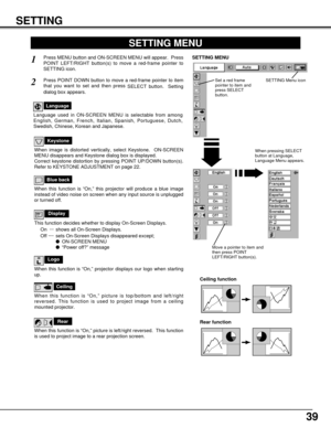 Page 3939
SETTING
Ceiling
When this function is “On,” picture is top/bottom and left/right
reversed. This function is used to project image from a ceiling
mounted projector.
Rear
When this function is “On,” picture is left/right reversed.  This function
is used to project image to a rear projection screen.
Ceiling function
Rear function
Keystone
When image is distorted vertically, select Keystone.  ON-SCREEN
MENU disappears and Keystone dialog box is displayed.
Correct keystone distortion by pressing POINT...