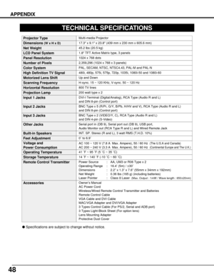 Page 48Accessories
48
APPENDIX
Specifications are subject to change without notice.
TECHNICAL SPECIFICATIONS
1.8 TFT Active Matrix type, 3 panels
Multi-media Projector
45.2 lbs (20.5 kg)
17.3 x 9.1 x 23.8 (439 mm x 230 mm x 605.6 mm) 
1024 x 768 dots
2,359,296 (1024 x 768 x 3 panels)
PAL, SECAM, NTSC, NTSC4.43, PAL-M and PAL-N
Up and Down
800 TV lines
INT. SP. Stereo (R and L), 3 watt RMS (T.H.D. 10%)
41 ˚F ~ 95 ˚F (5 ˚C ~ 35 ˚C)
14 ˚F ~ 140 ˚F (-10 ˚C ~ 60 ˚C)
Owner’s Manual
AC Power Cord
Wireless/Wired...