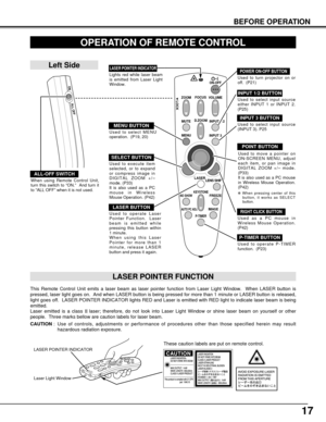 Page 1717
VOLUME
ON-OFF
FOCUS
ZOOM
D.ZOOM
MENUMUTE
LASER
KEYSTONENO SHOWFREEZE
AUTO PC ADJ.IMAGE
P-TIMER
LOCK
INPUT 1/2
INPUT 3
LENS SHIFT
OPERATION OF REMOTE CONTROL
ON
ALL OFF
ALL-OFF SWITCH
Left Side
When using Remote Control Unit,
turn this switch to “ON.”  And turn it
to “ALL OFF” when it is not used.
This Remote Control Unit emits a laser beam as laser pointer function from Laser Light Window.  When LASER button is
pressed, laser light goes on.  And when LASER button is being pressed for more than 1...