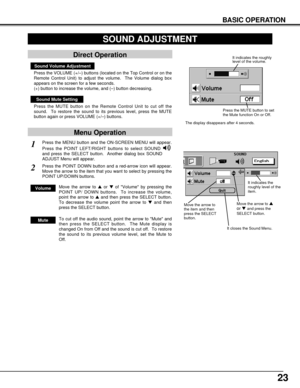 Page 2323
Press the MENU button and the ON-SCREEN MENU will appear.
Press the POINT LEFT/RIGHT buttons to select SOUND
and press the SELECT button.  Another dialog box SOUND
ADJUST Menu will appear. 
BASIC OPERATION
Sound Volume Adjustment
Press the VOLUME (+/–) buttons (located on the Top Control or on the
Remote Control Unit) to adjust the volume.  The Volume dialog box
appears on the screen for a few seconds.
(+) button to increase the volume, and (–) button decreasing.
Sound Mute Setting
Press the MUTE...