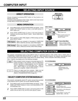 Page 2222
COMPUTER INPUT
SELECTING INPUT SOURCE
MENU OPERATION
DIRECT OPERATION
Choose Computer by pressing INPUT button on Top Control or on
Remote Control Unit.
If projector cannot reproduce proper image, select correct input source
through MENU OPERATION (see below).
Press MENU button and ON-SCREEN MENU will appear.  Press
POINT LEFT/RIGHT button to move a red frame pointer to
INPUT Menu icon.
Press POINT DOWN button to move a red arrow pointer to
Computer and then press SELECT button.  Source Select Menu...