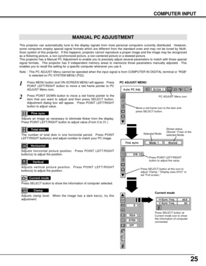 Page 2525
COMPUTER INPUT
MANUAL PC ADJUSTMENT
This projector can automatically tune to the display signals from most personal computers currently distributed.  However,
some computers employ special signal formats which are different from the standard ones and may not be tuned by Multi-
Scan system of this projector.  If this happens, projector cannot reproduce a proper image and the image may be recognized
as a flickering picture, a non-synchronized picture, a non-centered picture or a skewed picture.
This...