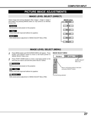 Page 2727
COMPUTER INPUT
PICTURE IMAGE ADJUSTMENTS
IMAGE LEVEL SELECT (MENU)
Press MENU button and ON-SCREEN MENU will appear.  Press
POINT LEFT/RIGHT button to move a red frame pointer to
IMAGE SELECT Menu icon.1
2
Press POINT DOWN button to move a red frame pointer to the
level that you want to set and then press SELECT button.
Move a red frame pointer to the level
and press SELECT button.
The level being selected.
IMAGE SELECT MENU
Normal picture level preset on this projector.
Standard
Picture level with...