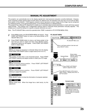 Page 2525
COMPUTER INPUT
MANUAL PC ADJUSTMENT
This projector can automatically tune to the display signals from most personal computers currently distributed.  However,
some computers employ special signal formats which are different from the standard ones and may not be tuned by Multi-
Scan system of this projector.  If this happens, projector cannot reproduce a proper image and the image may be recognized
as a flickering picture, a non-synchronized picture, a non-centered picture or a skewed picture.
This...