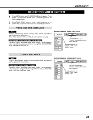 Page 3131
VIDEO INPUT
AV SYSTEM MENU (VIDEO OR S-VIDEO)
AV SYSTEM MENU (COMPONENT VIDEO)
SELECTING VIDEO SYSTEM
Press MENU button and ON-SCREEN MENU will appear.  Press
POINT LEFT/RIGHT buttons to move a red frame pointer to AV
SYSTEM Menu icon.
Press POINT DOWN button to move a red arrow pointer to the
system that you want to select and then press SELECT button.1
2
If projector cannot reproduce proper video image, it is necessary to
select a specific broadcast signal format among PAL, SECAM, NTSC,
NTSC 4.43,...