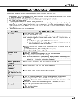 Page 4141
APPENDIX
TROUBLESHOOTING
Before calling your dealer or service center for assistance, check the matters below once again.
1. Make sure you have connected a projector to your computer or video equipment as described in the section
CONNECTING PROJECTOR  on pages 11 ~ 13.
2. Check cable connection.  Verify that all computer, video and power cord are properly connected.
3. Verify that all power is switched on.
4. If a projector still does not produce an image, re-start your computer.
5. If an image still...